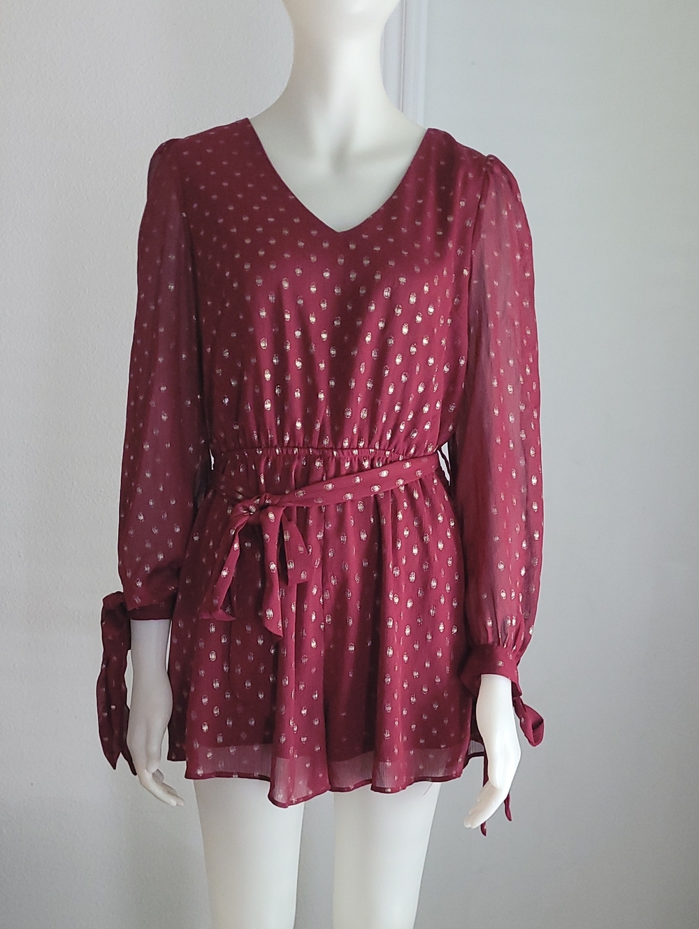 Listicle Wine Red Metallic Dot Tie-Waist Romper